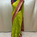 Parrot Green Semi Mysore Crepe Silk Saree with Maroon Zari Border | Traditional Wedding & Festive Wear