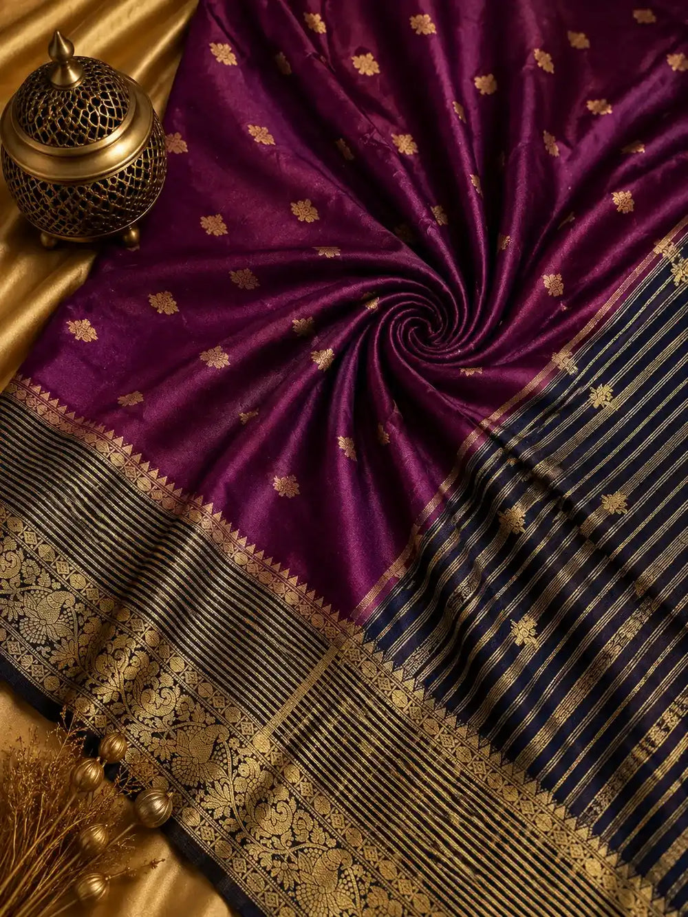 Crepe Saree with Contrasting Navy Blue Skirt Border