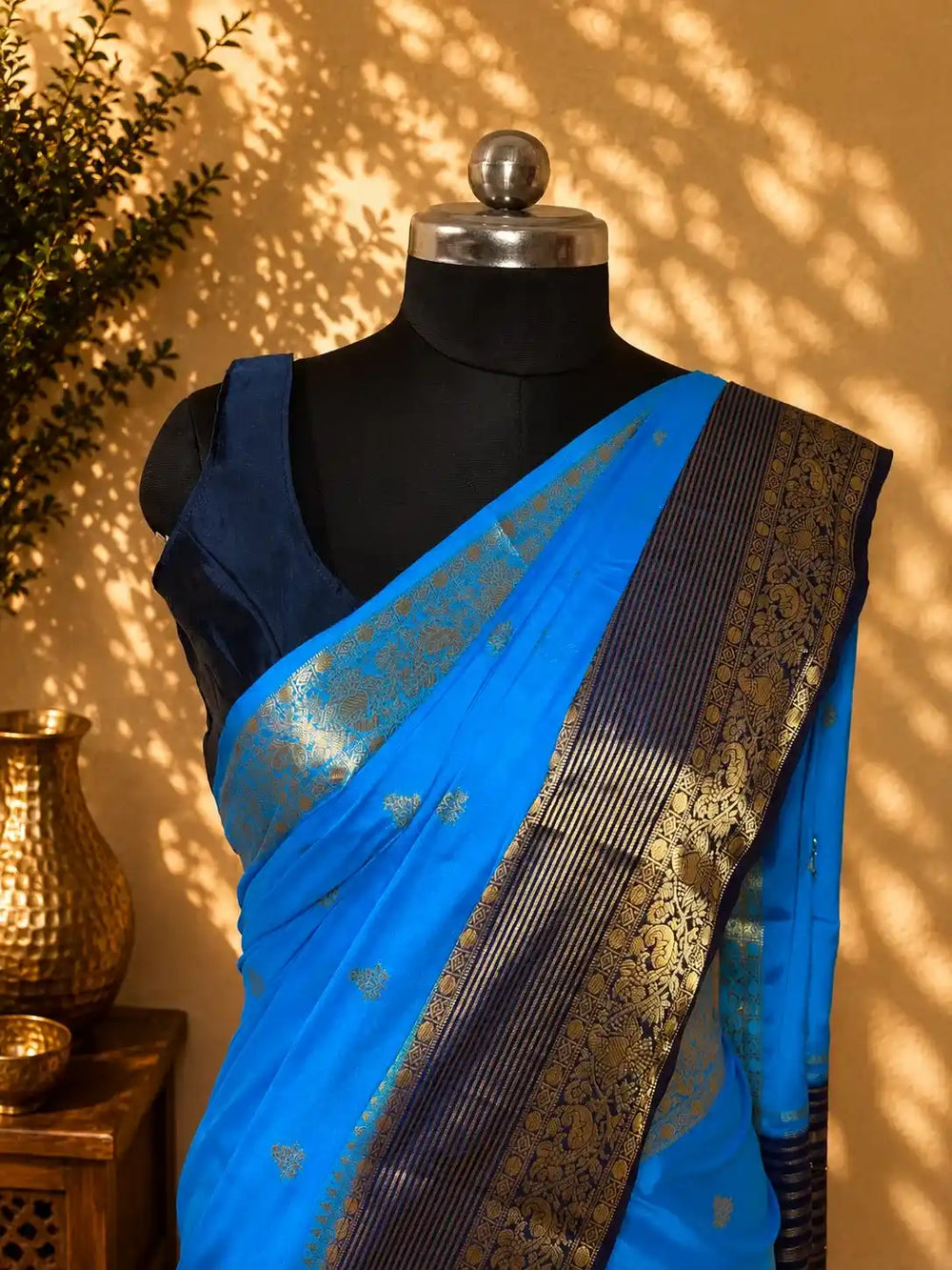 Crepe Saree with Contrasting Navy Blue Skirt Border